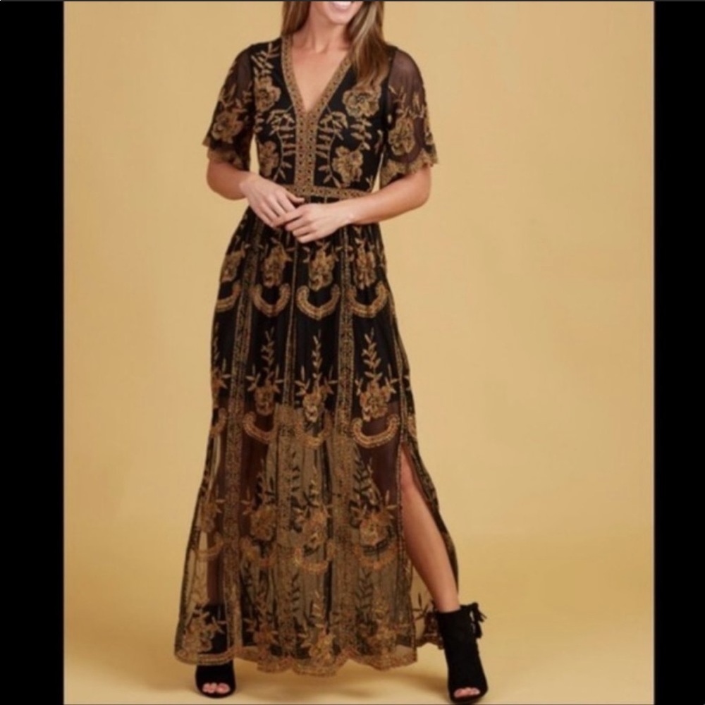 Altar'd State Black Gold Marionette Lace Dress 🔆